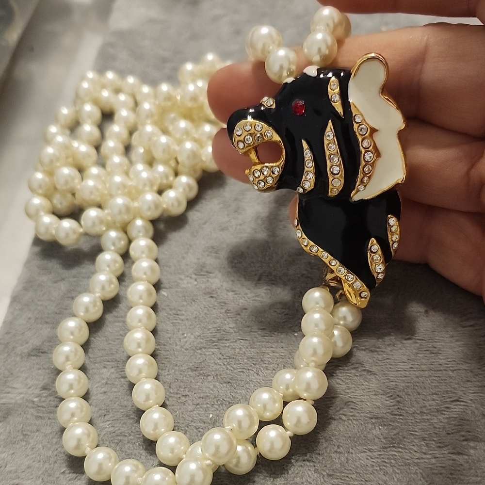 Pearl Bead Necklace with Black and White Enamel  Tiger Pendant